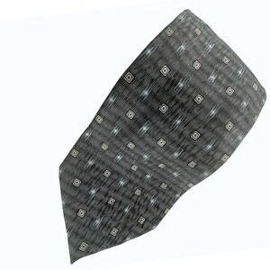Antonia Collection Handmade Silk Necktie – Gray, Black & Blue Geometric Pattern